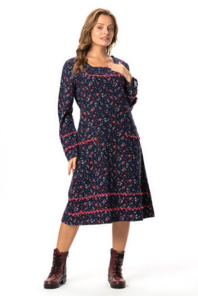 Eliş Şile Bezi Довгий рукав Фірдевс Квадратний комір Кишеня Деталізована Коротка Зимова Бавовняна Сукня Квітковий Візерунок Синій Lcvt