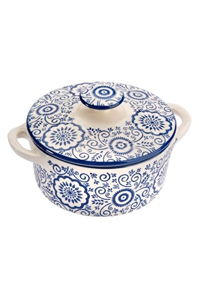 e-store Bol de supă ceramic cu capac, albastru-alb, 600 ml