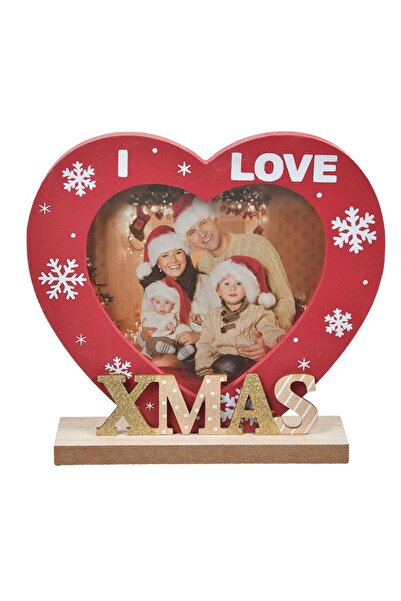 OEM Wooden Christmas photo frame with red heart "I love xmas" 13x15cm