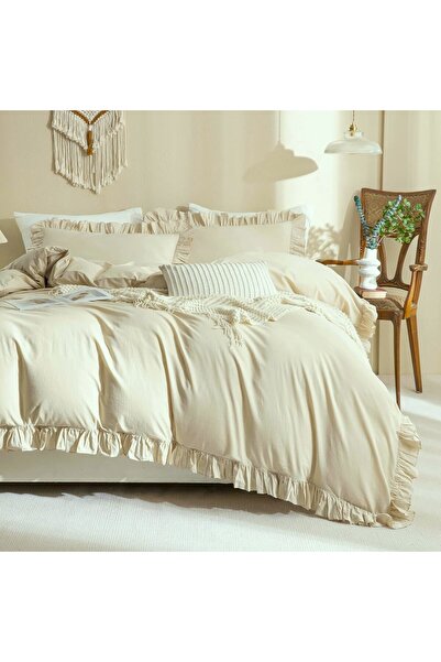 Maki Home Makiteks 100% Cotton Ruffled Beige 240X220+2*(50X70) King Size Duvet Cover and Pillowcase