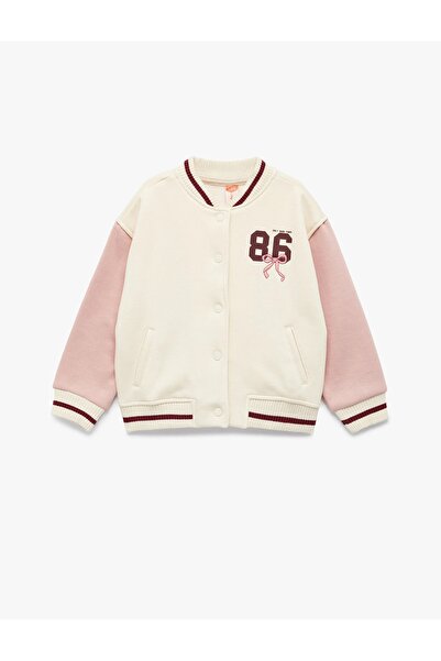 Koton Baby Girl Fleece-Lined Long Sleeve Color Block Printed College Jacket