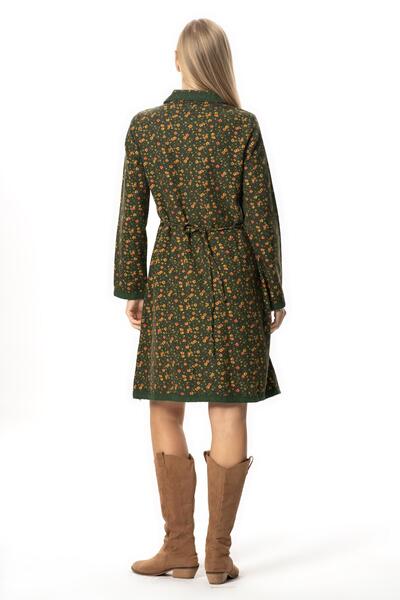 Eliş Şile Bezi Long Sleeve Zuhal Flannel Midi Length Autumn and Winter Dress Daisy Pattern Green Ysl