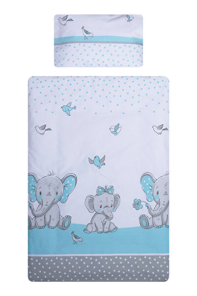 Beberoyal Set de lenjerie de pat din bumbac, 3 piese, Elefant & Birds Blue, pentru saltea 120x60 cm,