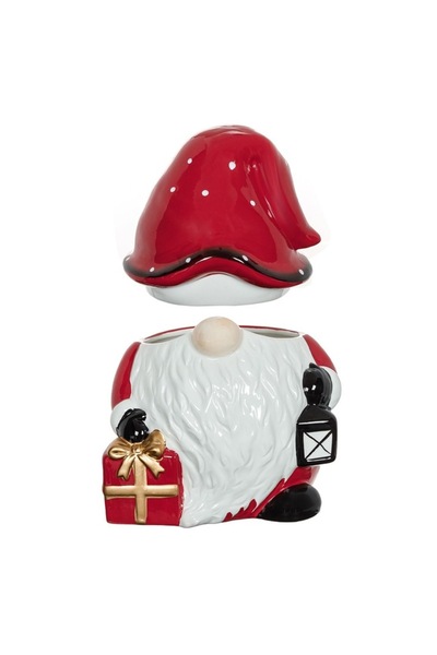 OEM Ceramic Biscuit Box - Gnome Santa Claus with Red Gift and Lantern, 18x17x25 cm, Red
