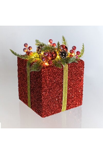 SHOPIENS Cadou decorativ din spumă roșie cu beteală, fructe de pădure și lumină LED pentru Crăciun 18x18x20cm