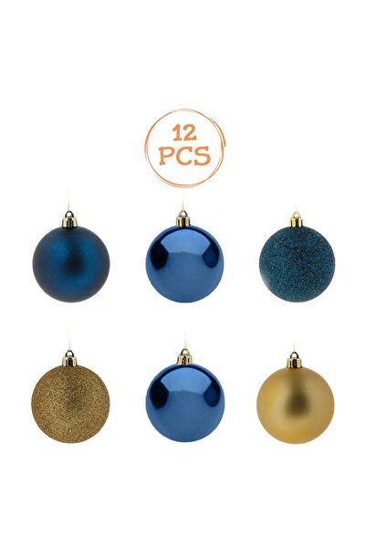 OEM Set globuri de Crăciun, albastru și auriu, sclipici, 5 cm - 12 buc