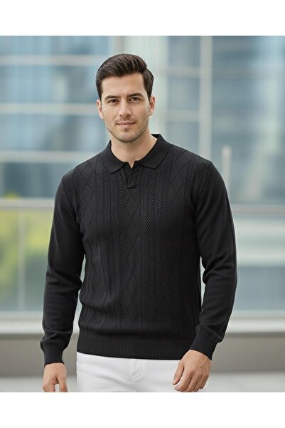 Miron Pulover tricotat cu guler polo negru pentru bărbați - 2538