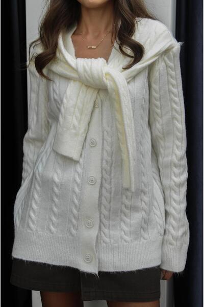 Havoş Ecru Cardigan with Shoulder Scarf Detail