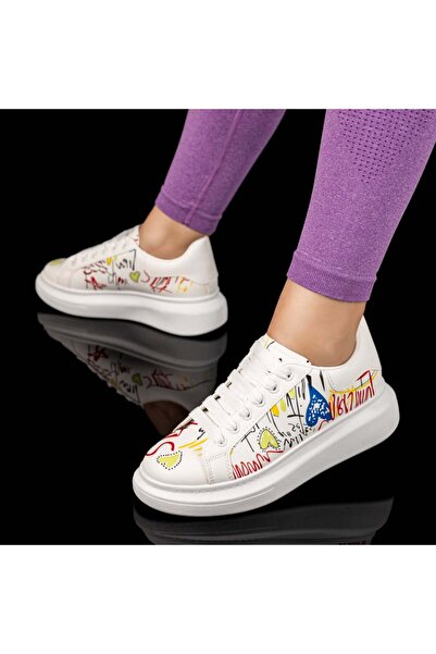 Modlet.ro Women's white sneakers with thick sole and multicolor print MOD03275