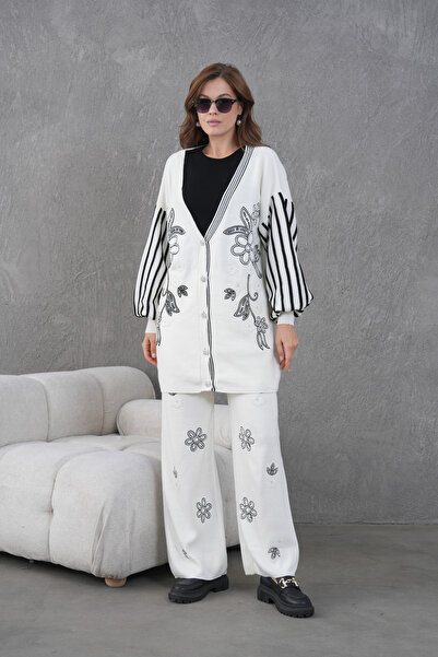 Miss Allos Women's Beaded Wide-Fit Knitwear Cardigan and Pants Bottom-Top Set