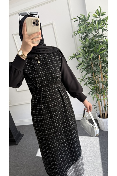 Nisa Nalbantoğlu Ασημί ασημί μαύρο τουίντ φόρεμα χιτζάμπ-με κουμπιά στο πίσω μέρος