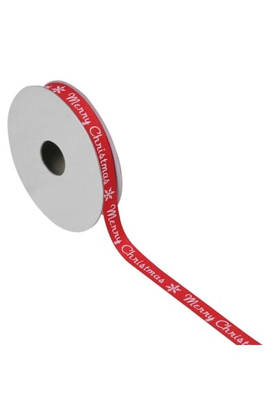 SHOPIENS Red Christmas tree decorative ribbon with white snowflakes and 'Merry Christmas' - 5m x 9mm