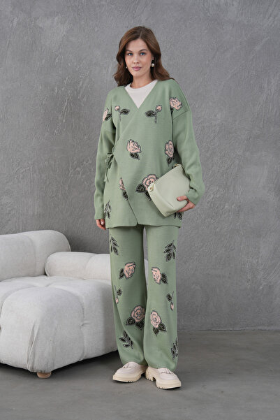 Miss Allos Women's Beaded Side-Tie Wide-Fit Knitwear Cardigan and Pants Bottom-Top Set