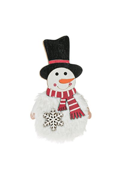 SHOPIENS Wooden Christmas snowman decoration with fur, snowflake & scarf, 13 cm