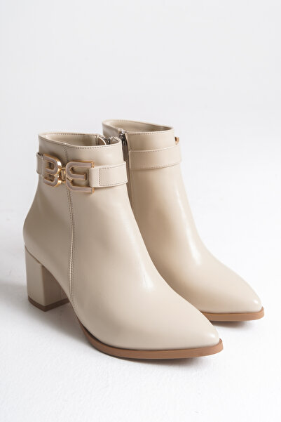 Shu Mhu Thick 6.5 cm Heeled Ankle Buckle Pointed Toe Comfortable Heeled Women's Cream Boots Bootie