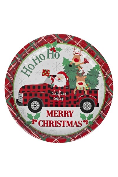 OEM Decorative Christmas Plate, Round, Metal, Red with Checkered Pattern, Ø26cm