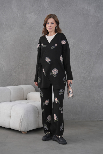 Miss Allos Women's Beaded Side-Tie Wide-Fit Knitwear Cardigan and Pants Bottom-Top Set