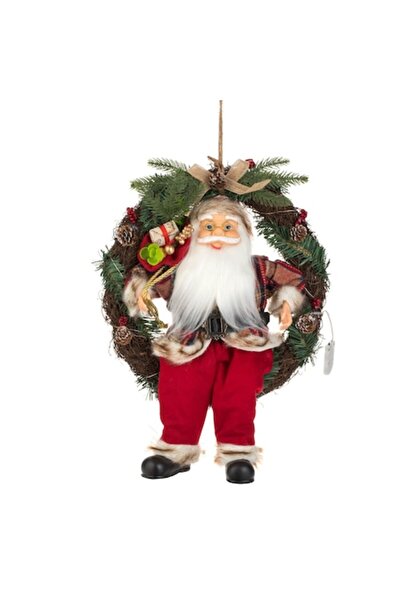 SHOPIENS Coroană decorativă de Crăciun din lemn cu Moș Crăciun și LED, 45 cm