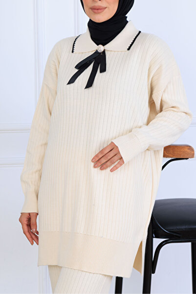 benguen Tricot Suit with Ribbon Detail on the Collar S1064 Stone Color