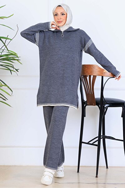 benguen Πλεκτό κοστούμι με λεπτομέρεια ρίγες με φερμουάρ στο λαιμό S1061 Ανθρακί