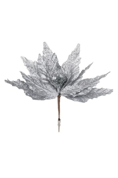 OEM Floare decorativă de Crăciun cu clemă - poinsettia cu sclipici argintiu 26cm