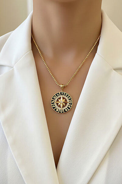 Utku Kuyumculuk 14 AYAR ÖZEL TASARIM SİYAH MİNELİ BURÇ VE PUSULA TEMALI KOLYE