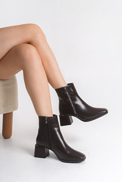 Shu Mhu Остри върхове, цип отстрани, дебел ток 6 см, удобни дамски кафяви ботуши с дебел ток за всеки ден