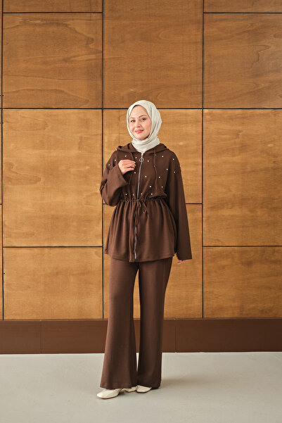 LOCCO Γυναικεία Πέτρινη Λεπτομέρεια με κουκούλα Σετ Καφέ