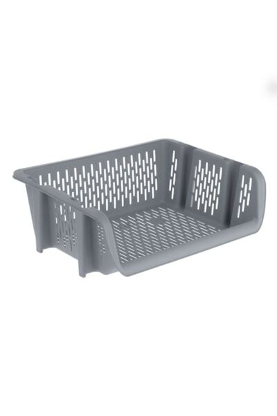 OEM Stackable storage basket with opening and perforated sides, grey, 39x30.5x13 cm