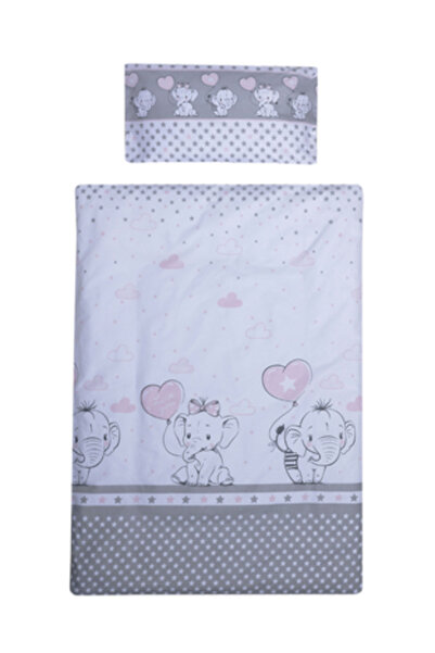 Beberoyal Set de lenjerie de pat din bumbac, 3 piese, pentru saltea 120x60 cm — Love Elephants Pink (Beberoyal, LJ-03F-102)