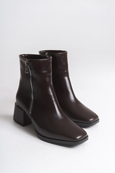 Shu Mhu Остри върхове, цип отстрани, дебел ток 6 см, удобни дамски кафяви ботуши с дебел ток за всеки ден