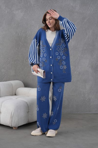 Miss Allos Women's Beaded Wide-Fit Knitwear Cardigan and Pants Bottom-Top Set