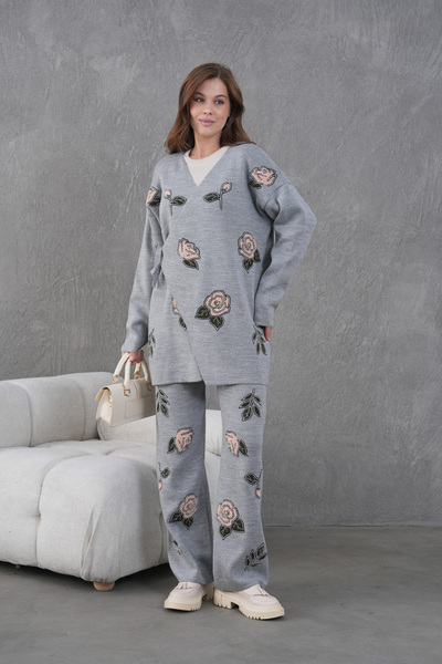 Miss Allos Жіночий трикотажний кардиган з бічною застібкою, прикрашений бісером, та штани, комплект верхнього та нижнього одягу