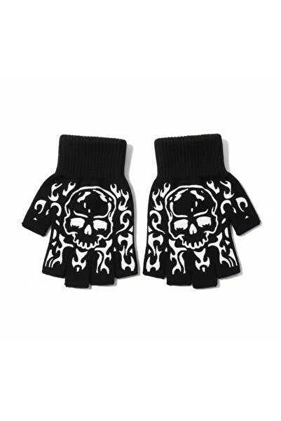 SOFT Gotik Ruhlu Siyah Eldiven – Parmaksız, Alevli Kafatası Tasarımıyla Fark ...