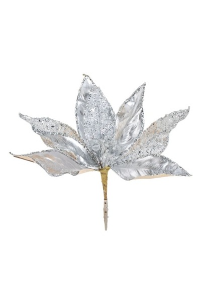 OEM Silver Christmas decorative flower with clip, transparent beads and glitter, 28cm