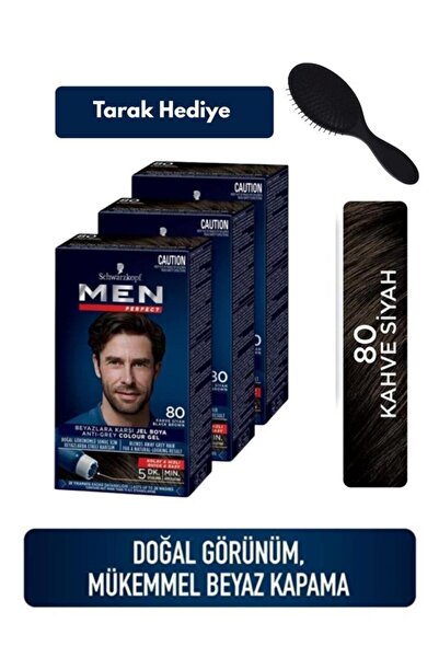 Schwarzkopf Men Perfect 80 Kahve Siyah Erkek Saç Boyası 3’lü Set + Tarak Hediyeli