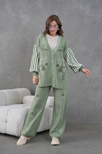 Miss Allos Women's Beaded Wide-Fit Knitwear Cardigan and Pants Bottom-Top Set