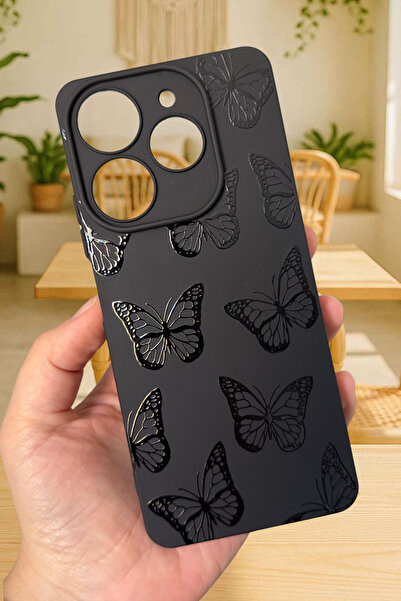 Vip Case Tecno Spark 10 PRO Uyumlu Siyah Kelebek Desenli Silikon Darbe Emici Rubber Kılıf