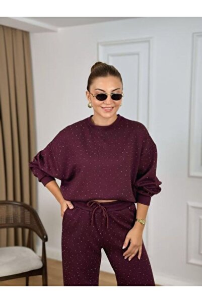 Famel Butik طقم قماش مودال برقبة دائرية مزين بالأحجار