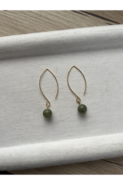 Pel Design Gerçek Yeşim Taşı Yaprak Şeklinde Altın Kaplamalı Küpe