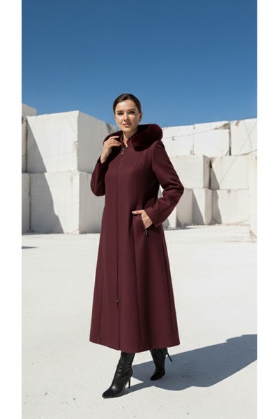 ALVİSTA معطف نسائي من الكشمير - معطف بقلنسوة بتفاصيل من القطيفة