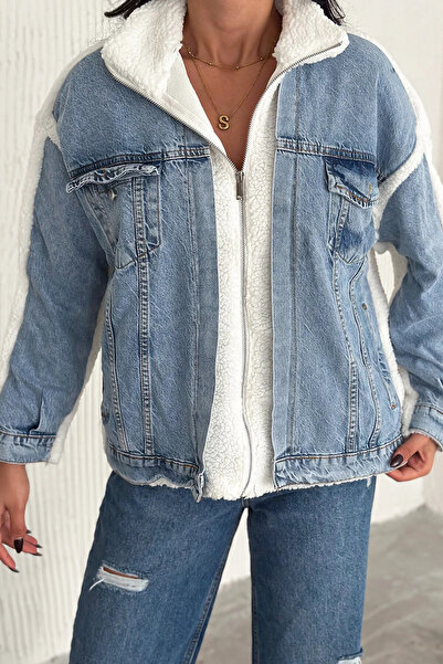 TİLLE Palton de damă, ecru-albastru, cu cu secțiuni fermoar, din pluș de miel