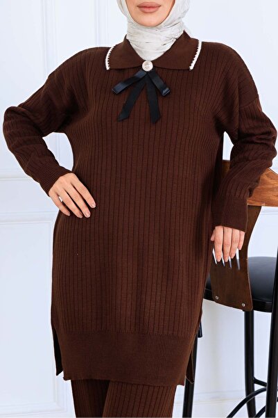 benguen Πλεκτό κοστούμι με λεπτομέρεια κορδέλας στο λαιμό S1064 Καφέ