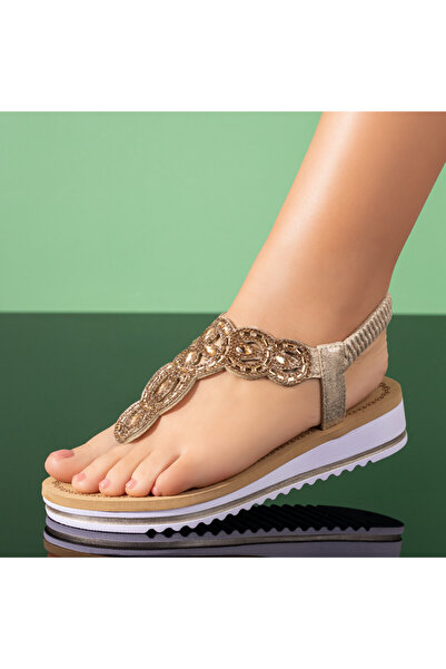 BMoD Women's gold sandals with an elastic strap and rhinestones MOD09400