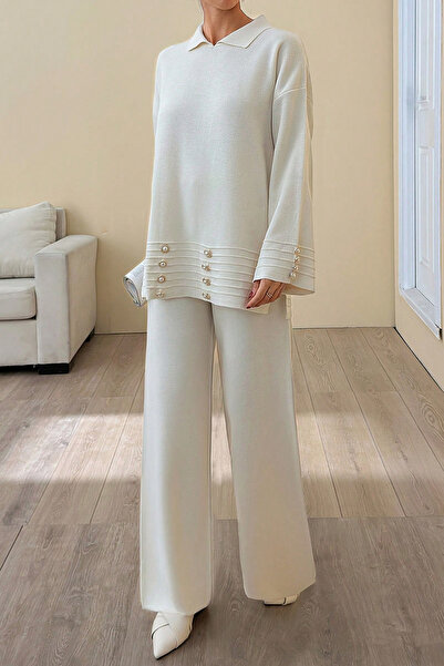 H&E LUXURY DESIGN Women's Ecru Gofra Detailed Knitwear Set – Pearl Button Detailed Top and Wide-Leg Pants”