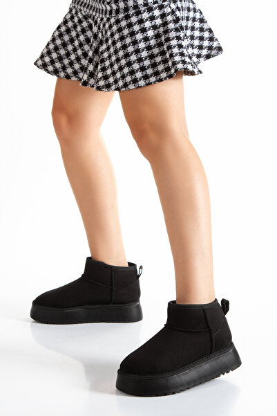 ALON Kadın Siyah Mini Süet Içi Kürklü Yüksek Kalın Taban Kışlık Bot