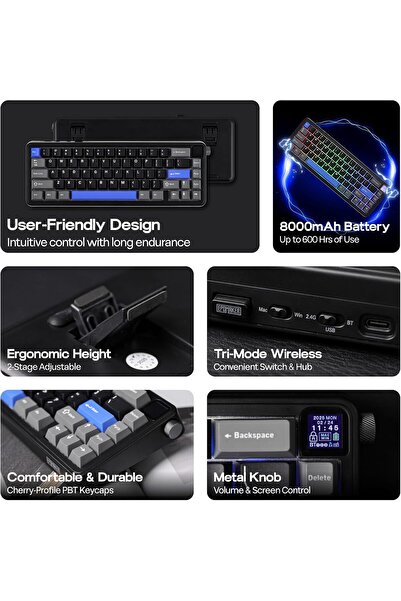 Epomaker لوحة مفاتيح ألعاب HE65 مغناطيسية 65%، دقة 8K، زمن استجابة 0.125 مللي ثانية، تأثير هول، قابلة للتبديل السريع (أسود)
