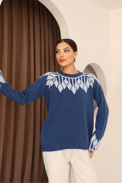 CARLA MARA Crew Neck Patterned Knitwear Sweater Blue