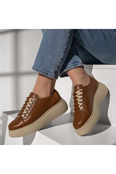 Modlet.ro Teniși damă din piele maro cu talpă groasă și șireturi MOD11127