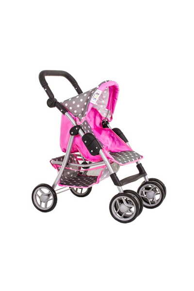 Doris Carucior sport pentru papusi Roz/Gri bulinute albe cu maner reglabil pe inaltime, Capotina ,Sp